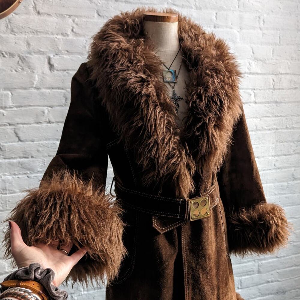 70s Vintage Brown Suede Penny Lane Afghan Coat Fur Furry Groovy Boho Chic Jacket - Picture 5 of 9